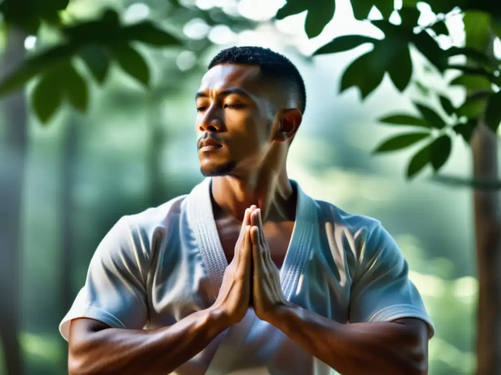 Martial artista en postura meditativa, respirando profundamente en la naturaleza