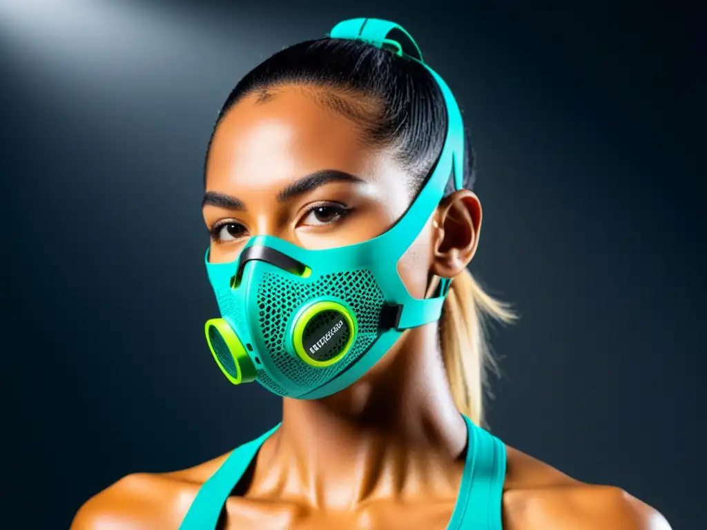 Una máscara deportiva futurista en un color vibrante, con tecnología de ventilación avanzada y detalles innovadores