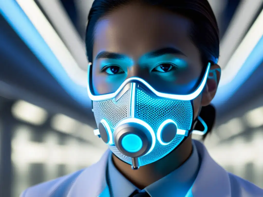 Una máscara respiratoria futurista con nanotecnología, iluminada por suaves luces LED azules