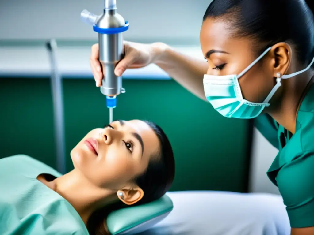 Un médico ajusta con cuidado la mascarilla de oxígeno en el rostro de un paciente, mostrando la importancia de la oxigenoterapia respiratoria