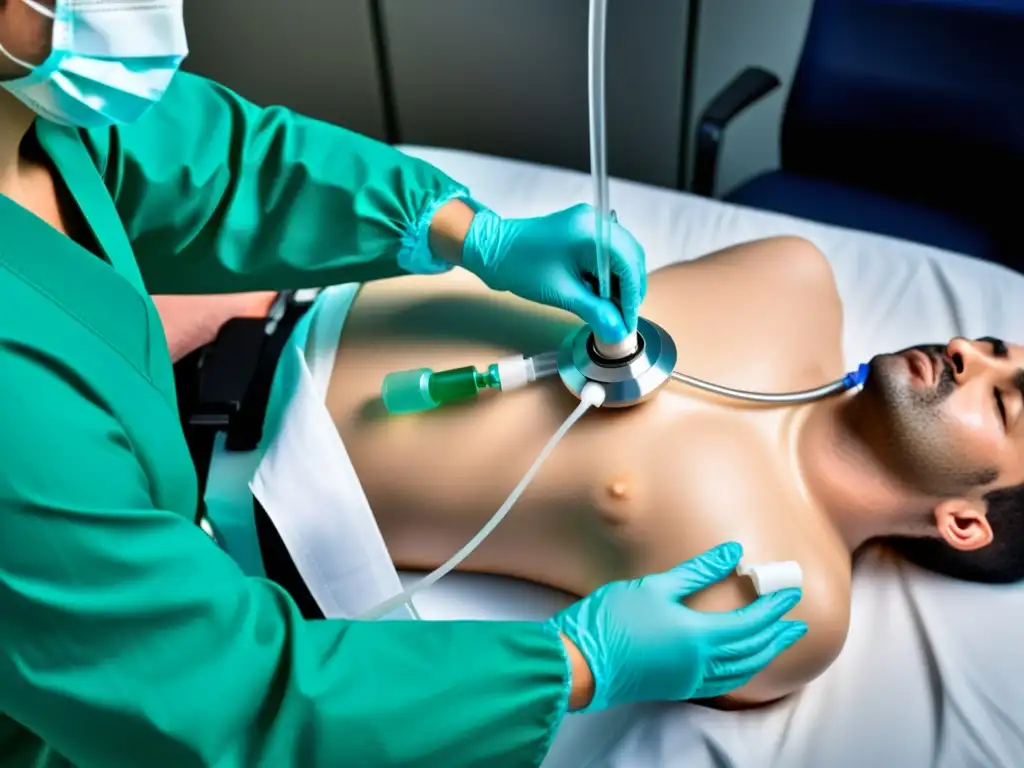 Un médico realiza una inserción de tubo en el tórax en una situación de urgencia prehospitalaria, destacando el manejo del neumotórax a tensión