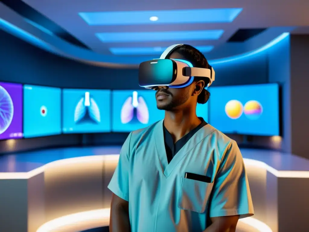 Un médico usando un moderno visor de realidad virtual en un avanzado centro médico, explorando el sistema respiratorio en 3D