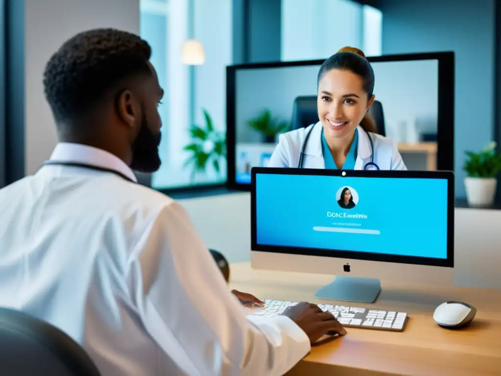 Un médico de telemedicina consulta con un paciente en una videollamada de alta resolución