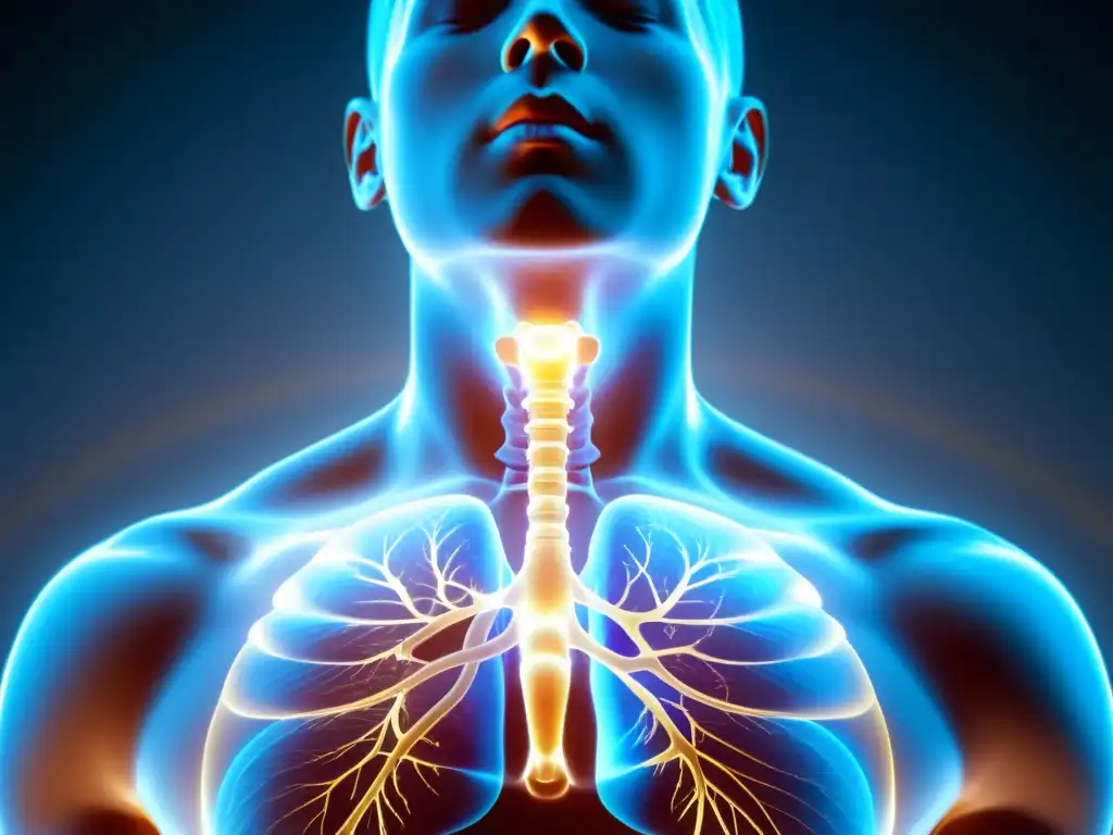 Mejora capacidad pulmonar post intervención respiratoria: Imagen detallada de una persona realizando respiración diafragmática profunda, con una atmósfera serena y enfocada en la expansión del pecho