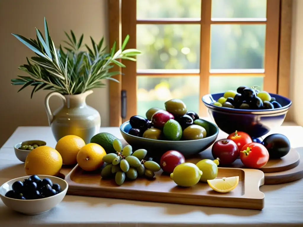 Una mesa mediterránea con alimentos frescos y coloridos, que evoca vitalidad y los beneficios de la dieta mediterránea para la salud pulmonar