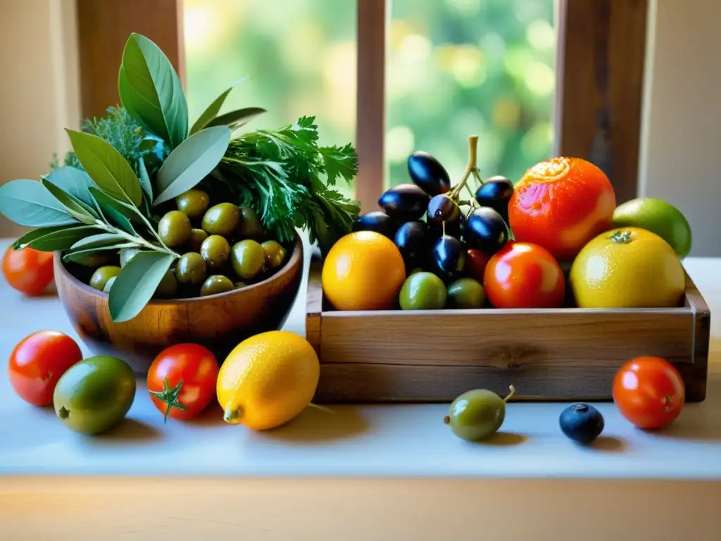 Una mesa rústica exhibe una colorida variedad de frutas, verduras y aceite de oliva mediterráneos, bañados por luz natural