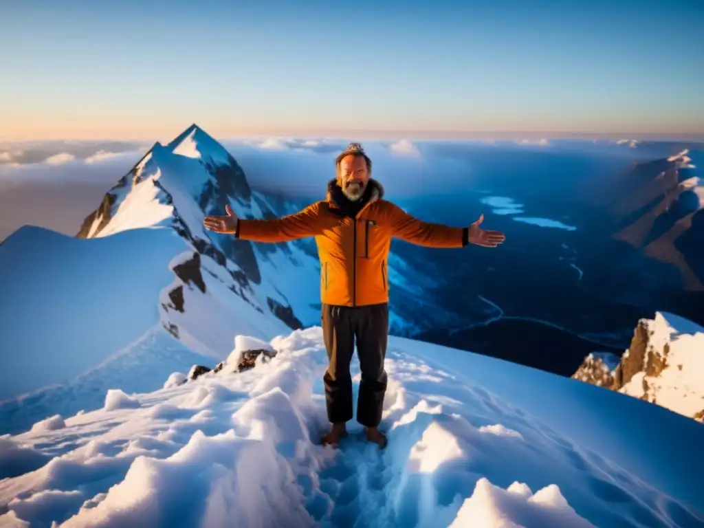 Wim Hof practica el método Wim Hof ciencia en la cima nevada, con determinación y el alba dorada detrás