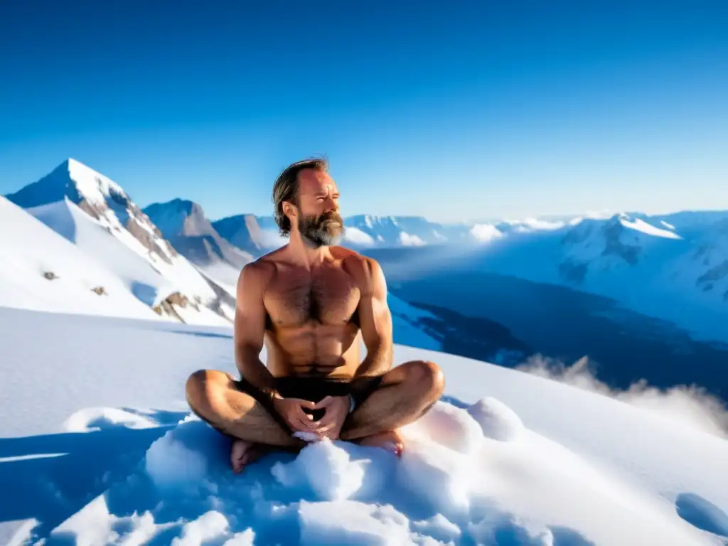 Wim Hof practica su método de respiración en la cima nevada de una montaña