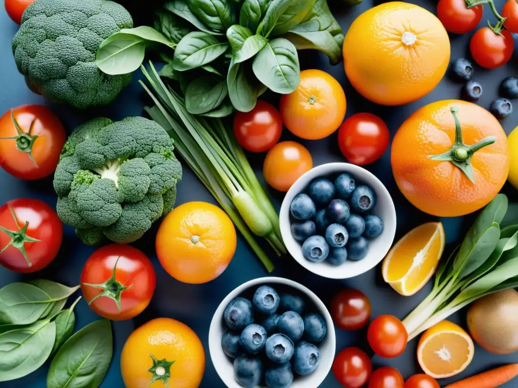 Una mezcla colorida de frutas y verduras frescas, destacando su valor nutricional