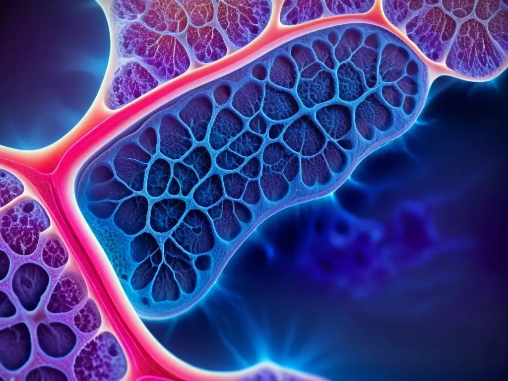 Microscópica vista detallada de tejido pulmonar sano, con alvéolos rosados y capilares azules y morados, transmitiendo vitalidad y salud