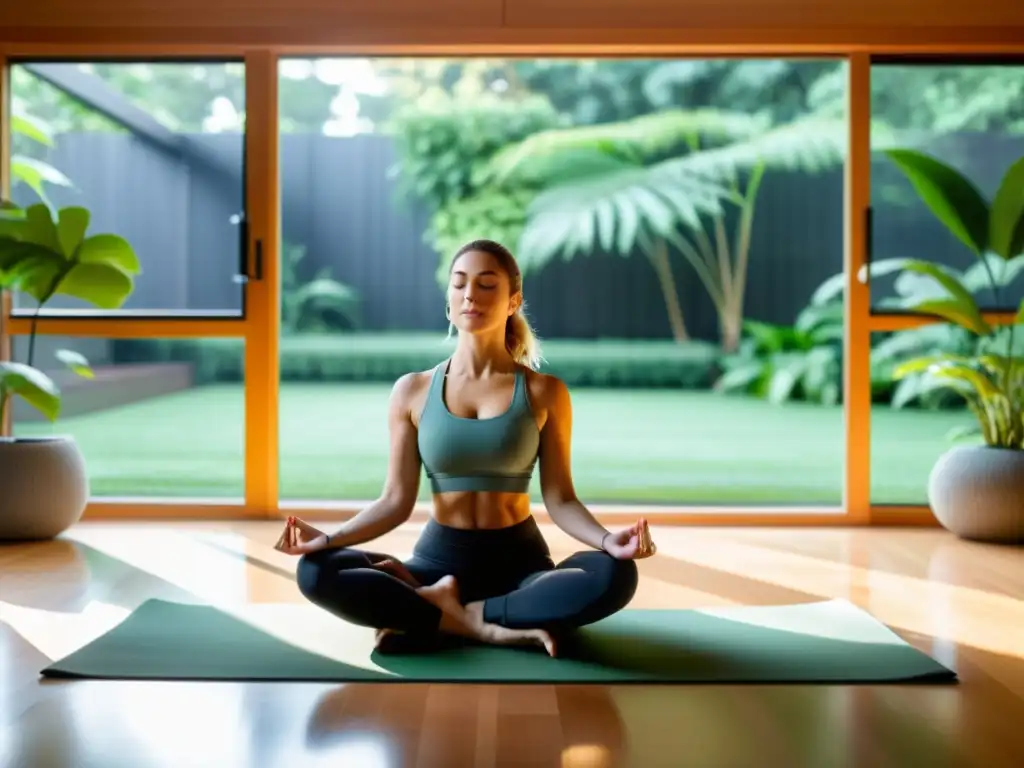 Practicando mindfulness en un salón moderno con vista a un jardín exuberante