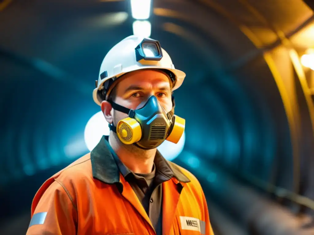 Un minero con máscara de protección respiratoria inspecciona una oscura galería subterránea