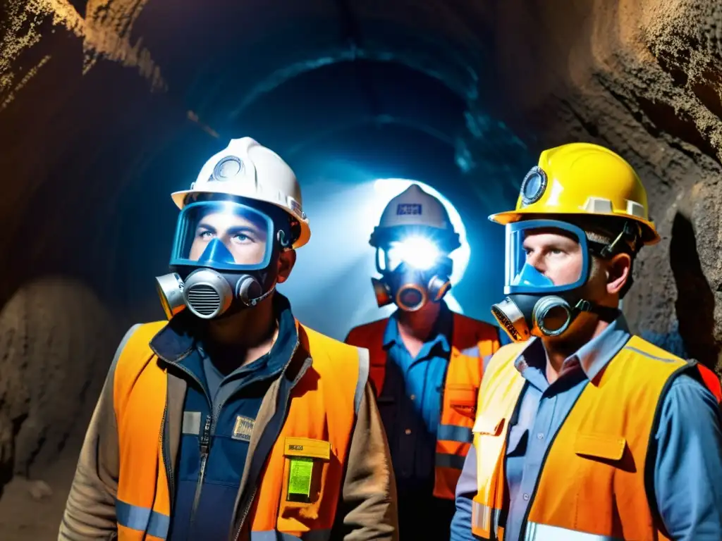 Mineros con modernas máscaras respiratorias y equipo de protección, iluminados por sus lámparas mientras trabajan en túneles subterráneos