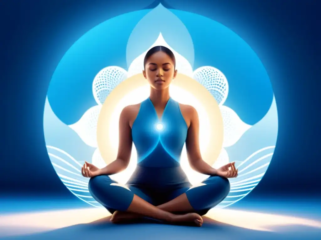 Ilustración moderna de una persona en postura de meditación, rodeada de una aura azul calmante