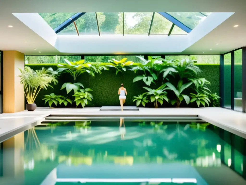 Una moderna piscina de hidroterapia con agua tranquila, rodeada de vegetación exuberante