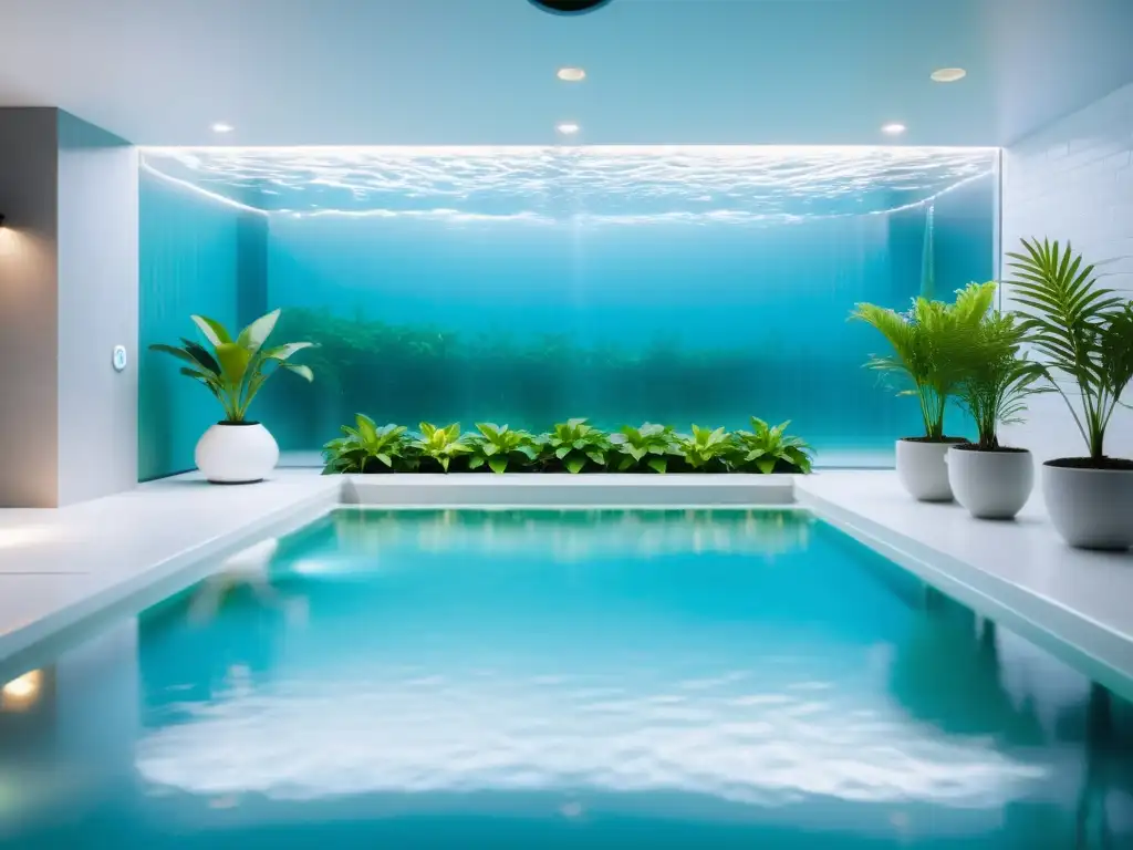 Una moderna piscina de hidroterapia con agua azul, azulejos blancos y plantas verdes