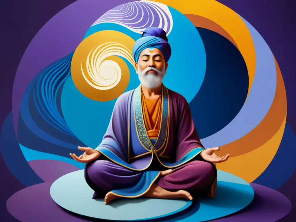 Ilustración moderna de Rumi meditando entre patrones que representan el flujo de energía