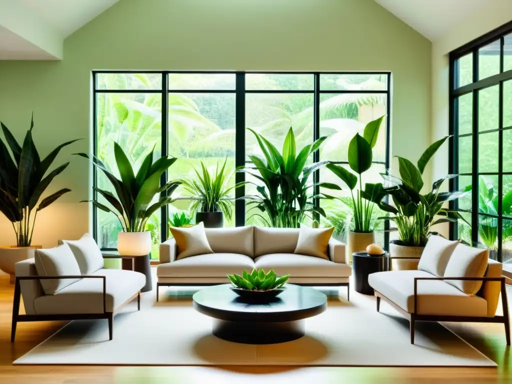 Moderna sala llena de plantas para mejorar calidad del aire, creando un ambiente armonioso y acogedor con muebles contemporáneos