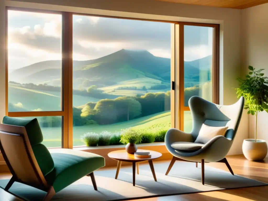 Moderna sala de estar con vista panorámica a paisaje verde