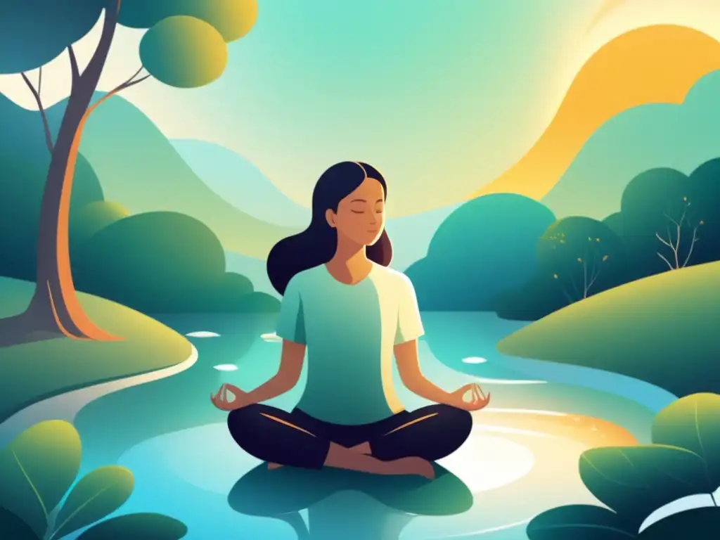 Ilustración moderna y serena de una persona meditando con calma, rodeada de luz suave