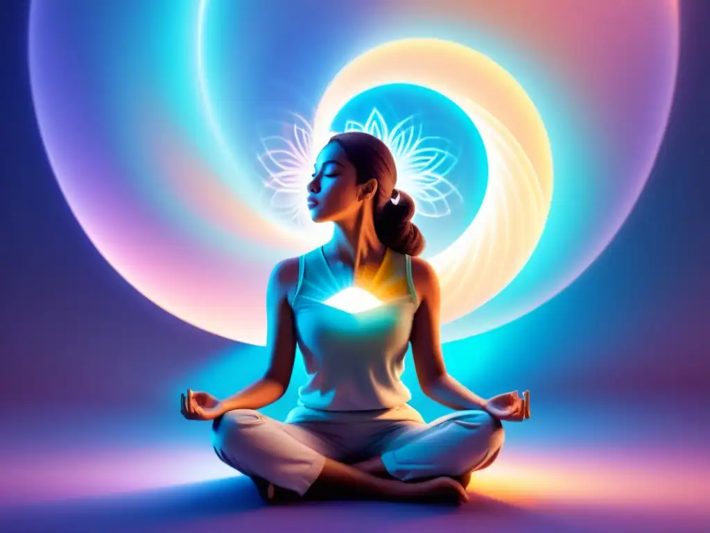 Ilustración moderna de meditación en Sufismo: persona con aura luminosa haciendo prácticas de respiración consciente