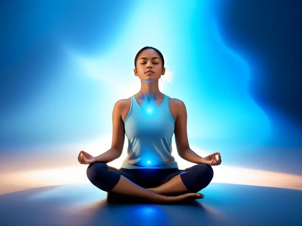 Meditación serena en azul: práctica de respiración profunda 'Ilustración moderna de alguien practicando técnicas de respiración para ansiedad efectivas, rodeado de una aura azul calmante