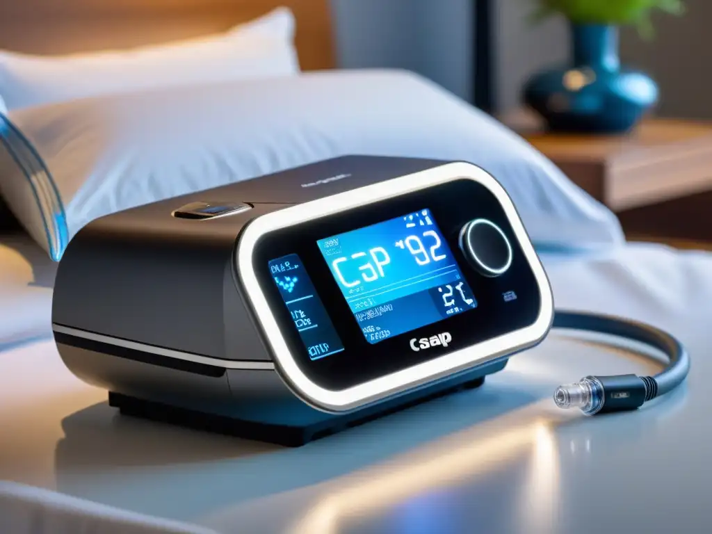 Un moderno dispositivo CPAP con características avanzadas, iluminado con luz suave