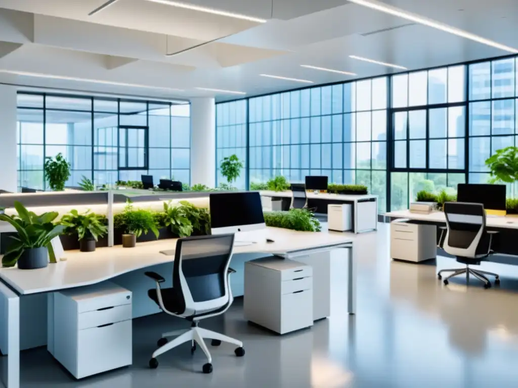 Un moderno espacio de oficina con luz natural, plantas verdes y estaciones de trabajo ergonómicas