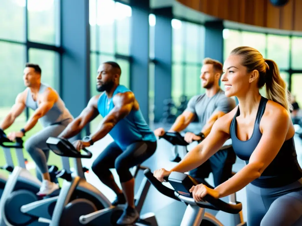 Un moderno gimnasio con personas usando concentradores de oxígeno durante la clase fitness