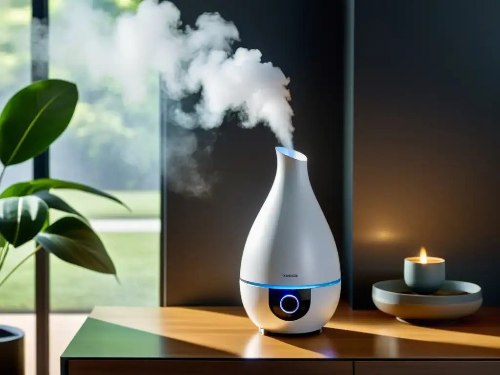 Un moderno humidificador en un ambiente contemporáneo, emitiendo aire fresco y limpio, prevención infecciones respiratorias aire interior