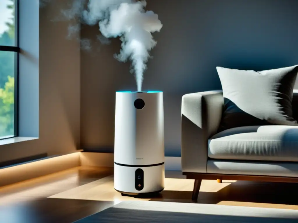 Un moderno humidificador blanco emite un suave vapor en una sala contemporánea bien iluminada