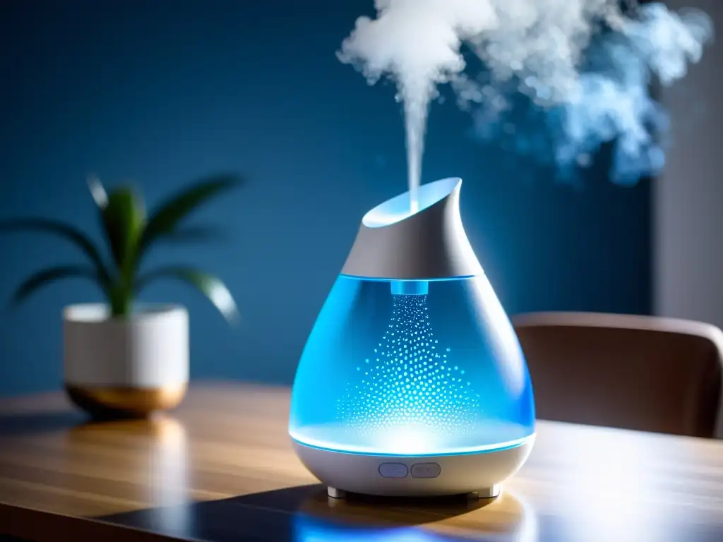 Un moderno humidificador dispersa diminutas gotas de agua, creando un efecto brillante