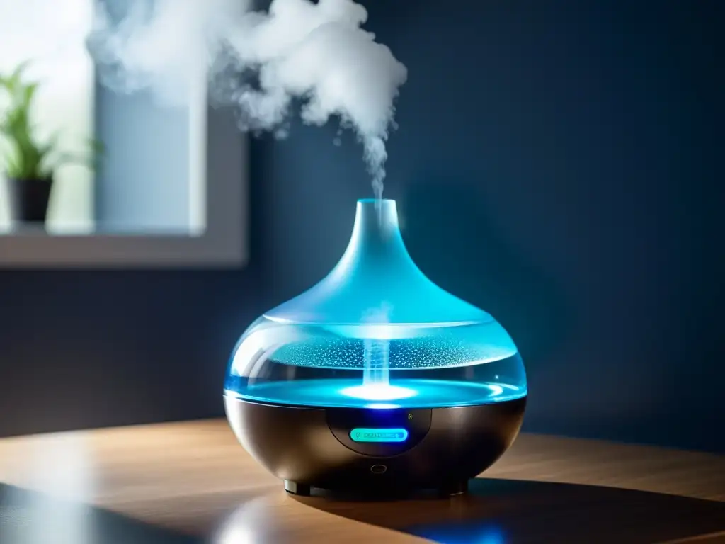 Un moderno humidificador dispersa una fina niebla en una habitación bien iluminada, creando un ambiente sereno y equilibrado