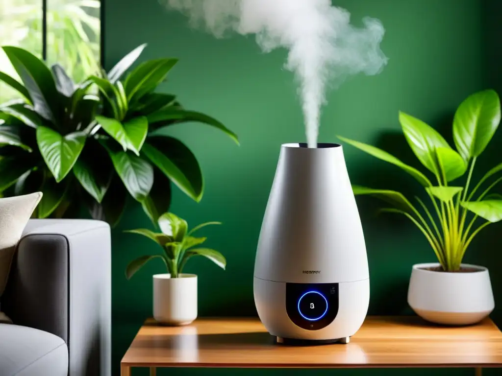 Un moderno humidificador en una sala elegante y bien iluminada, rodeado de plantas verdes, emitiendo un suave vapor