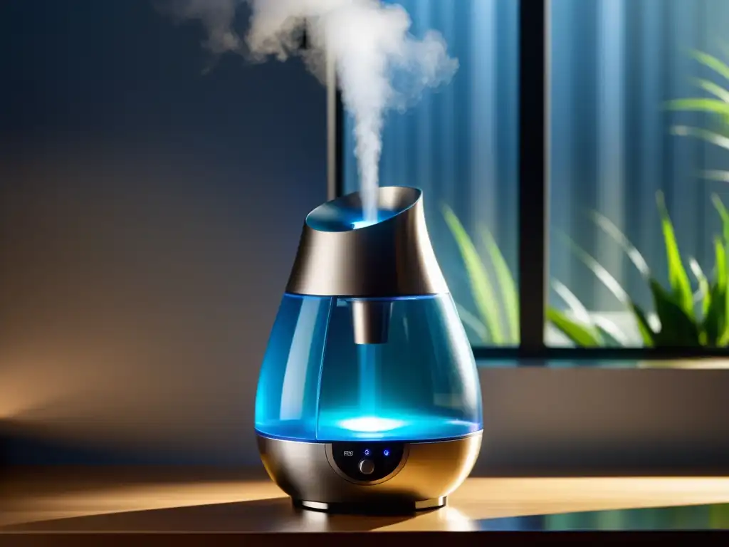 Un moderno humidificador libera suave vapor en una habitación iluminada, creando un ambiente calmante y saludable