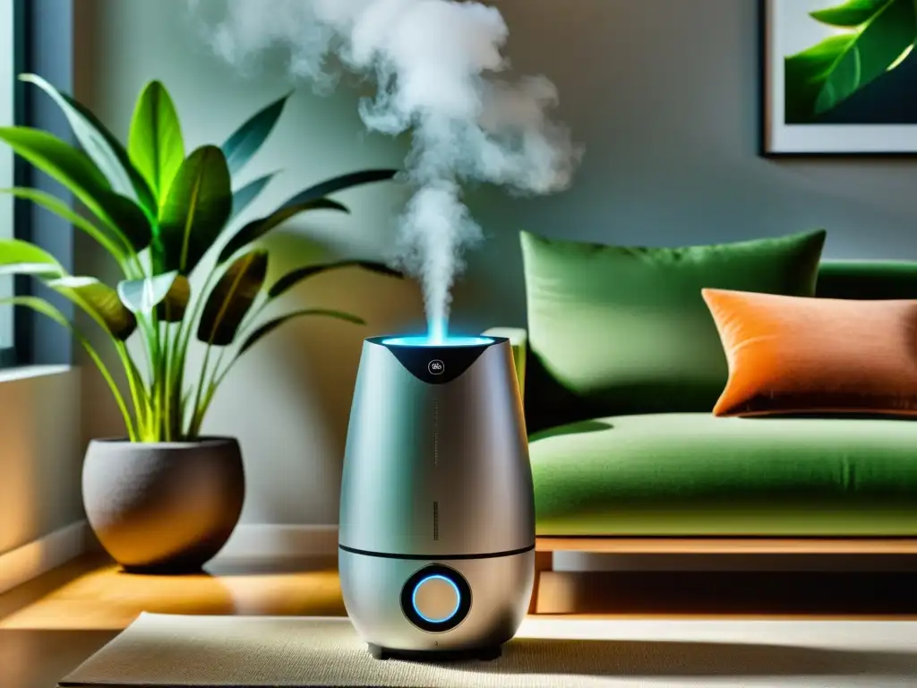 Un moderno humidificador emitiendo vapor en un elegante salón contemporáneo, rodeado de plantas verdes