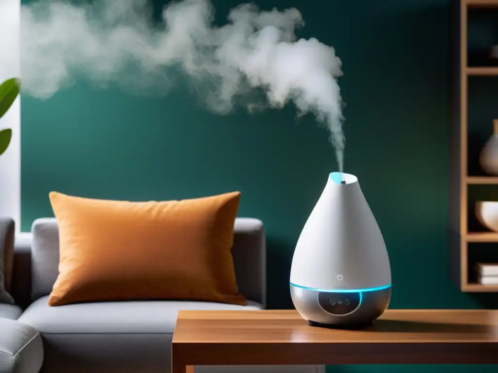 Un moderno humidificador emite un vapor fino en una sala bien iluminada y minimalista, promoviendo beneficios para salud respiratoria