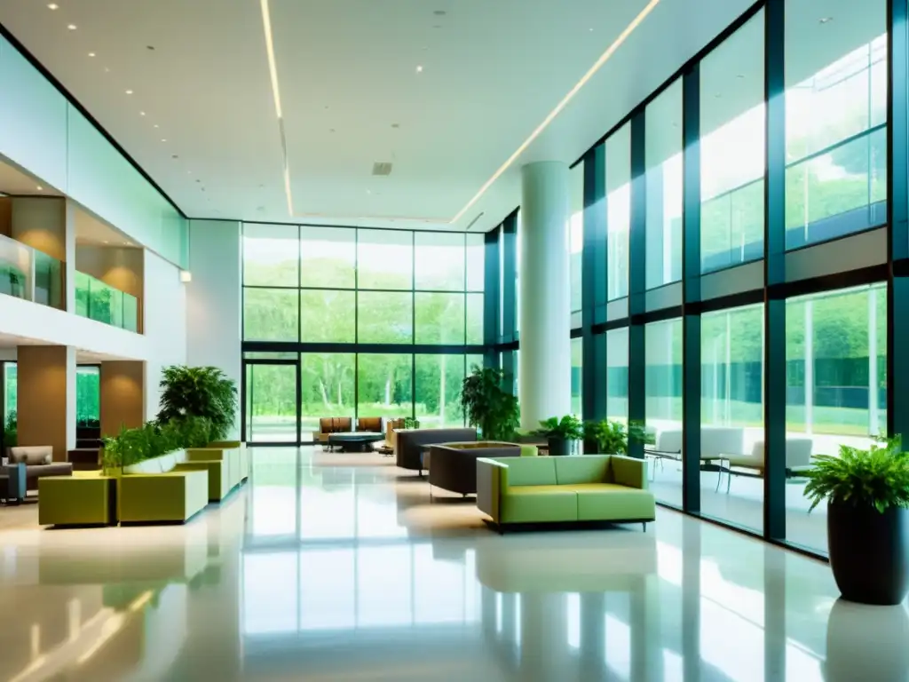 Moderno lobby de oficina con luz natural, mobiliario elegante y vegetación, reflejando la importancia de la calidad del aire para la imagen de marca