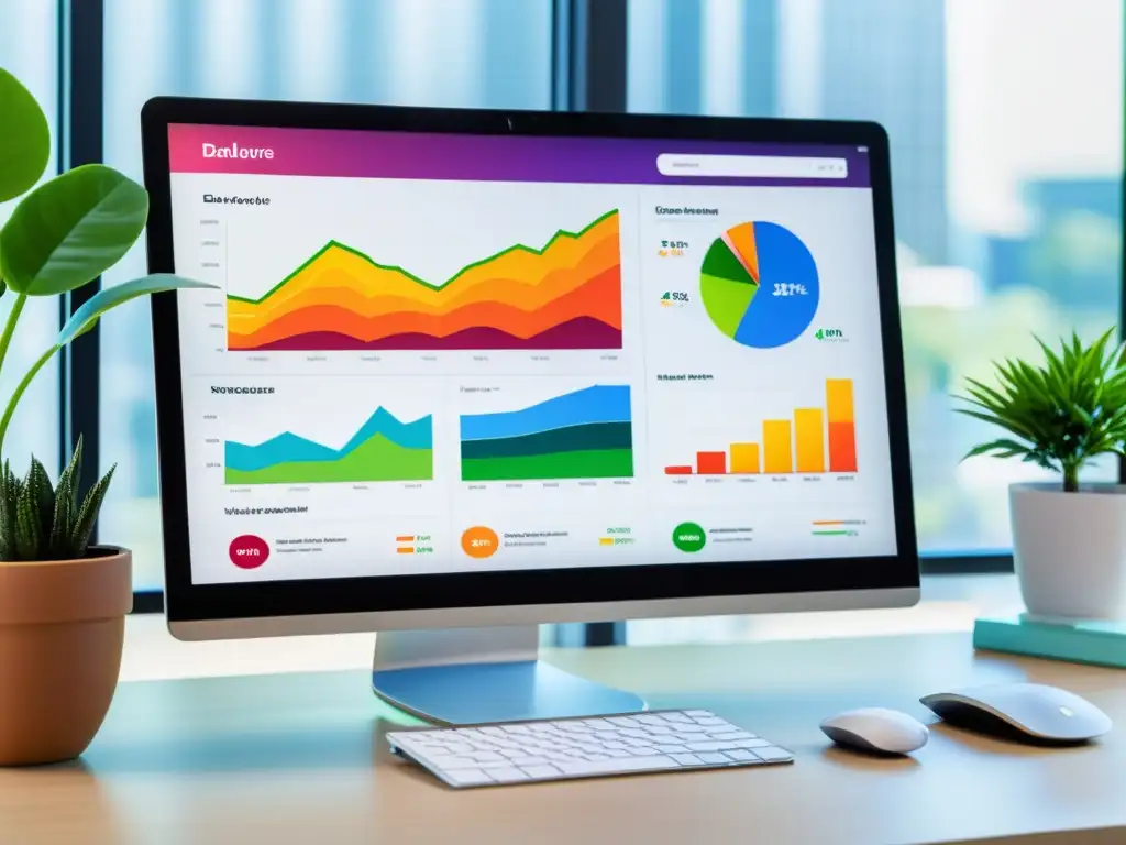 Un moderno panel de control de marketing con gráficos y colores vibrantes en un espacio de trabajo minimalista y profesional