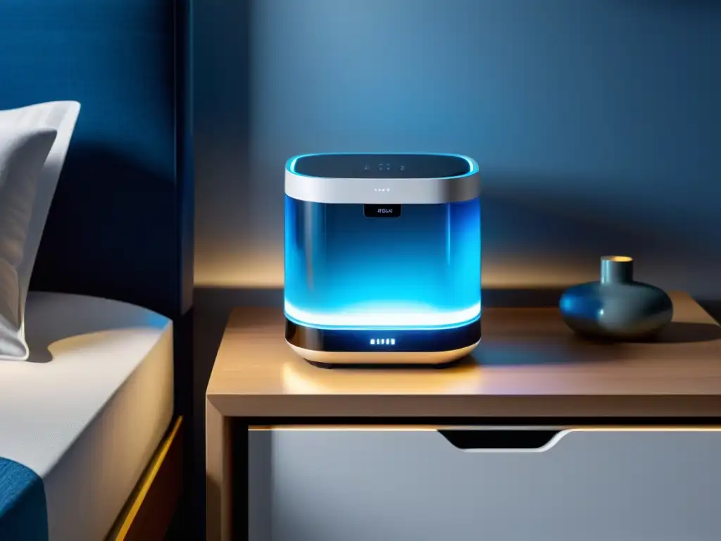 Un moderno purificador de aire emitiendo una suave luz azul en una mesa de noche minimalista