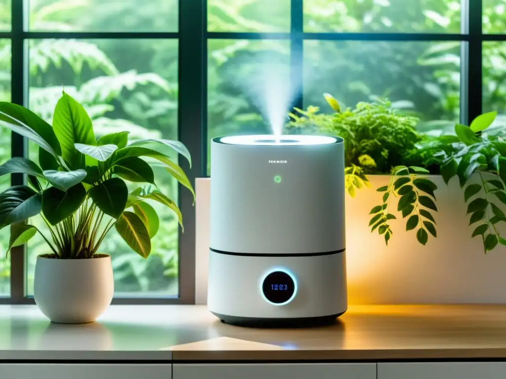 Un moderno purificador blanco con líneas elegantes y pantalla digital en una habitación luminosa con grandes ventanas y plantas verdes