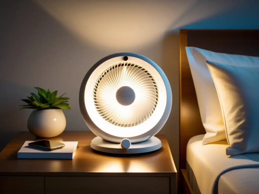 Un moderno ventilador mecánico en la mesa de noche, iluminado por la suave luz de una lámpara