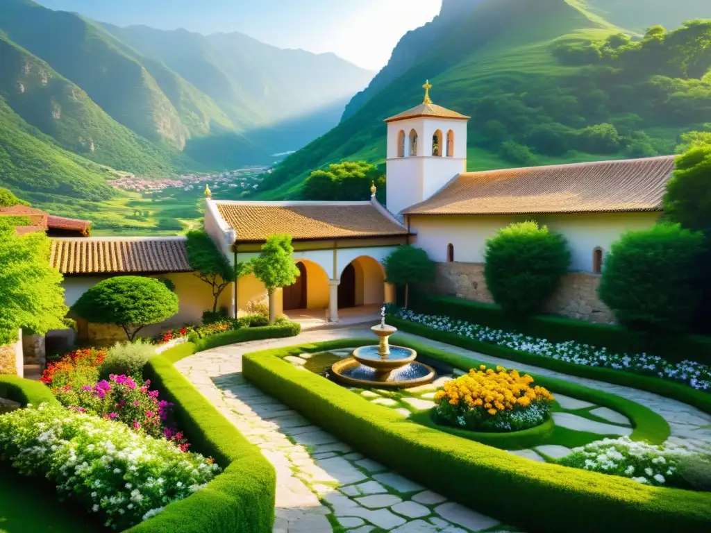 Un monasterio sereno en un paisaje montañoso, rodeado de naturaleza exuberante y un patio tranquilo con flores vibrantes y una fuente burbujeante