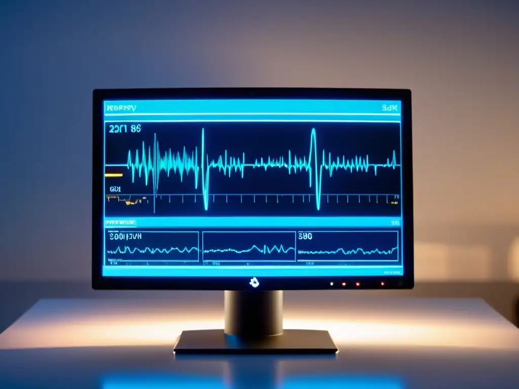 Un monitor de respiración preciso muestra ondas vitales en un fondo profesional, con tecnología de vanguardia y detalles iluminados sutiles