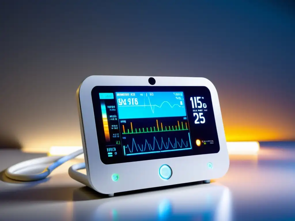 Un monitor de respiración preciso con pantalla digital en un entorno sanitario minimalista y futurista, con iluminación cálida