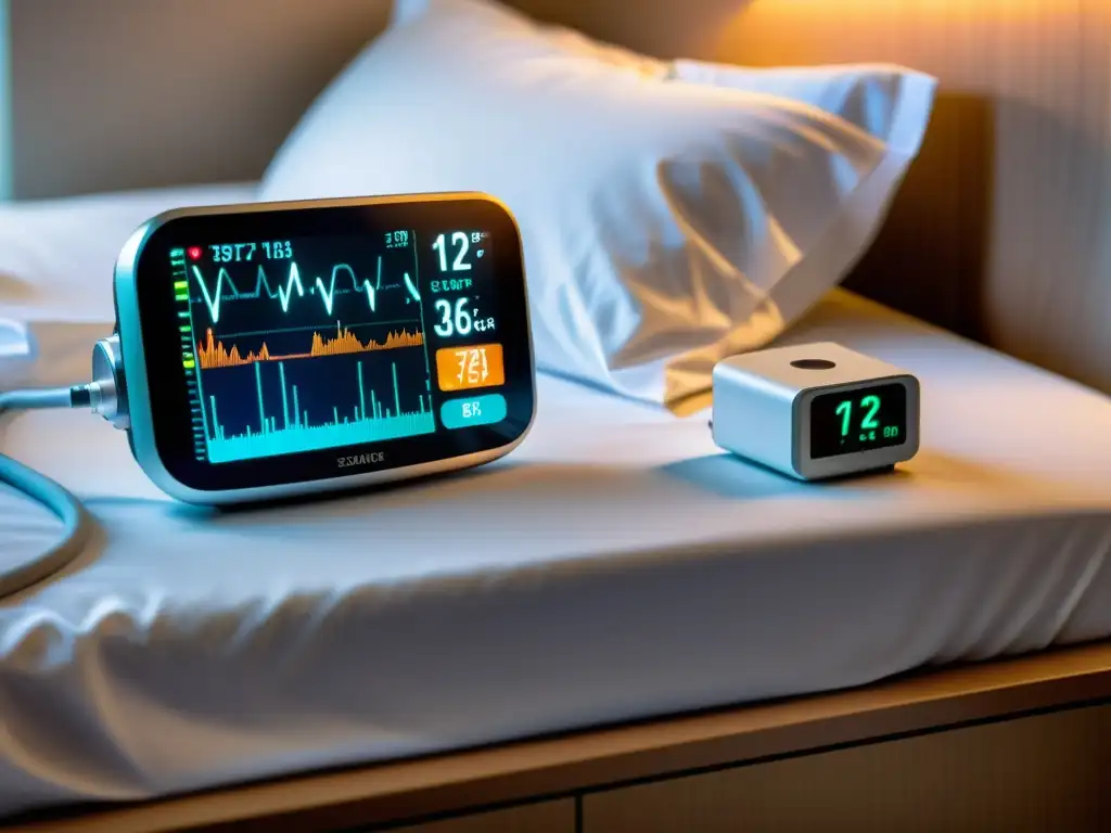 Monitor respiratorio wearable de alta tecnología en entorno hospitalario, mostrando datos en pantalla