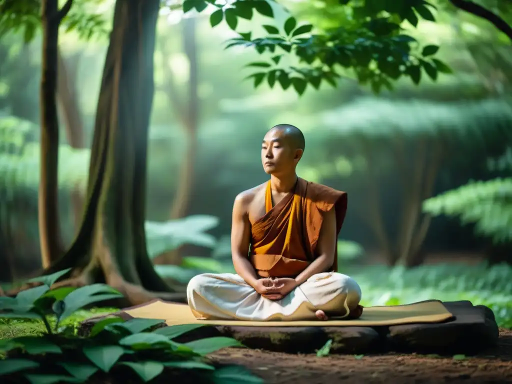 Un monje budista medita en la naturaleza, transmitiendo calma y conexión espiritual