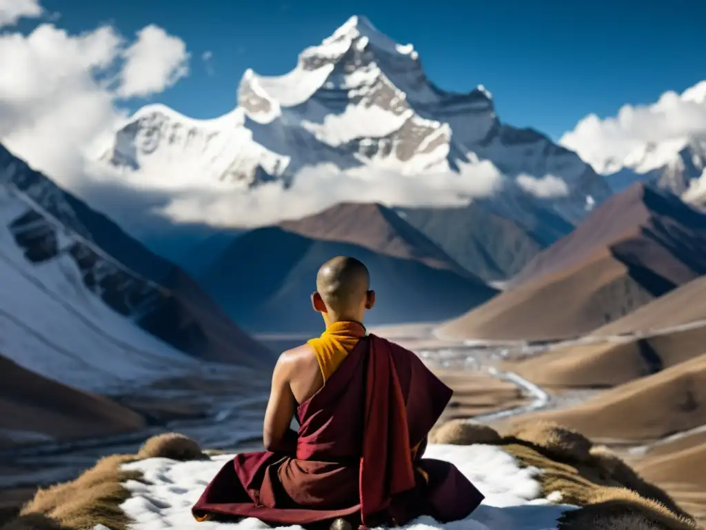 Monje tibetano meditando en la cima nevada del Himalaya, practicando el control de la respiración en Tíbet