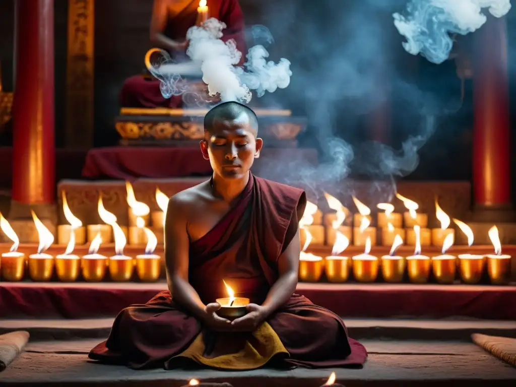 Monje tibetano practicando el control de la respiración en un templo iluminado por velas