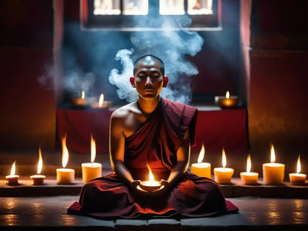 Monje tibetano practicando control respiratorio y generación de calor en un templo iluminado por velas